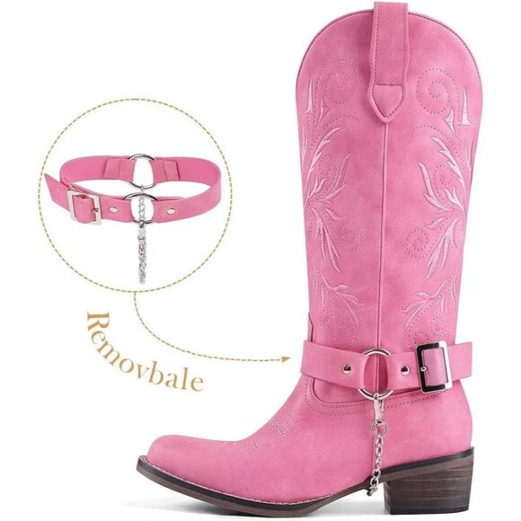 Women's Embroidered Pink Removable Belt Low Block Heel Round Western Boots - Picture 2 of 6